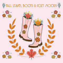 Cute fall rubber rain pair of boots inside insignia with some flowers and maple leaf on pink background greeting card with message fall leaves, boots, and cozy moods