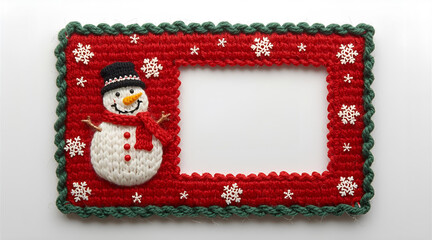 Cozy 3D Knitted Christmas Card with Stitched Snowman, Snowflakes, and Colorful Wool on White Background