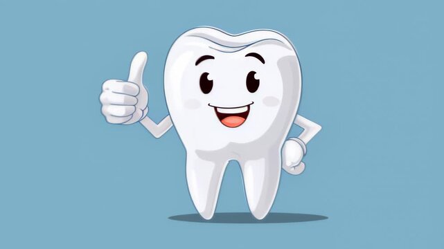 happy tooth cartoon character with thumb up on blue background
