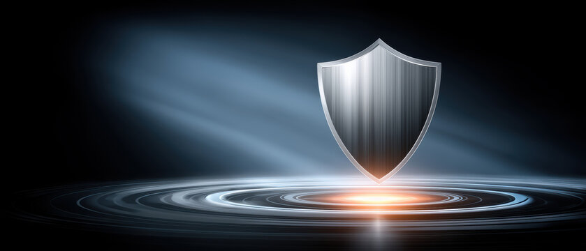 Shiny metallic shield floating above glowing target fingerprint pattern conveying digital