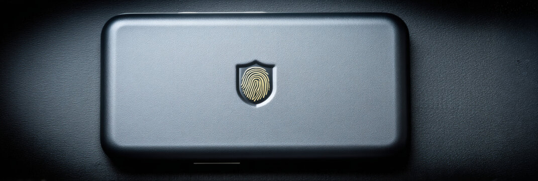 Fingerprint sensor sleek portable device glowing gold and black conveying secure biometric access