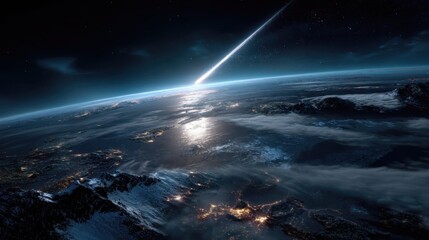 Fototapeta premium Astronomical Impact Event with Bright Meteor or Asteroid Explosion in Space Scene