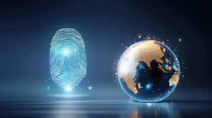 Glowing fingerprint beside digital globe symbolizing global identity and secure access