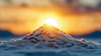 A small mound of pebbles and sand on a beach, illuminated by the warm glow of the setting sun. The sky is filled with vibrant orange and yellow hues, creating a