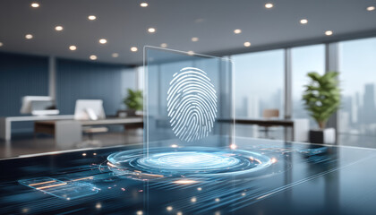 Fingerprint biometric authentication security interface modern office with holographic display