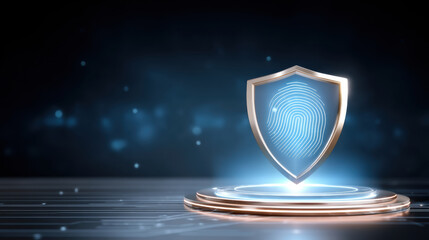 Fingerprint shield glowing platform conveys biometric security and digital protection blue light