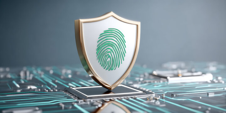 Secure shield with fingerprint emblem circuit board symbolizing biometric protection and digital