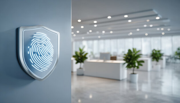 Fingerprint security shield icon glowing office wall conveys access control and biometric