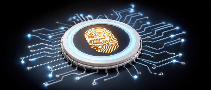 Fingerprint sensor on futuristic circuit board glowing security interface with biometric access