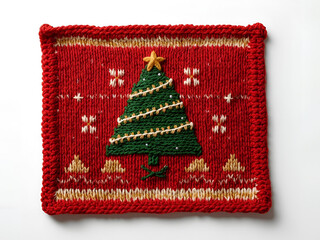 Hyper-Real Knitted Christmas Card with Cozy Stitched Tree, Snow Lines, and Embroidered Stars in Red, Green, and Gold Yarn
