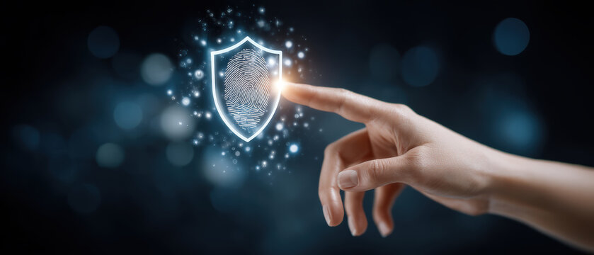 Fingerprint security shield icon with glowing fingertip scanning for access control and privacy