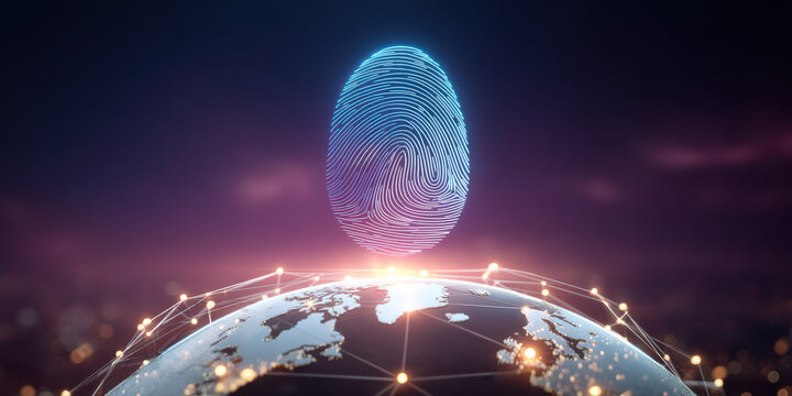 Glowing fingerprint above global network padlock security concept protecting data privacy - Powered by Adobe