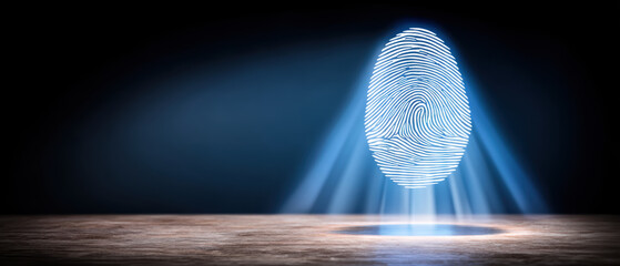 Digital fingerprint hologram glowing above wooden table spotlighted security concept fingerprint