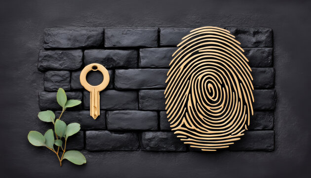 Gold fingerprint on black brick wall with key and leaf creating secure identity feeling - Powered by Adobe