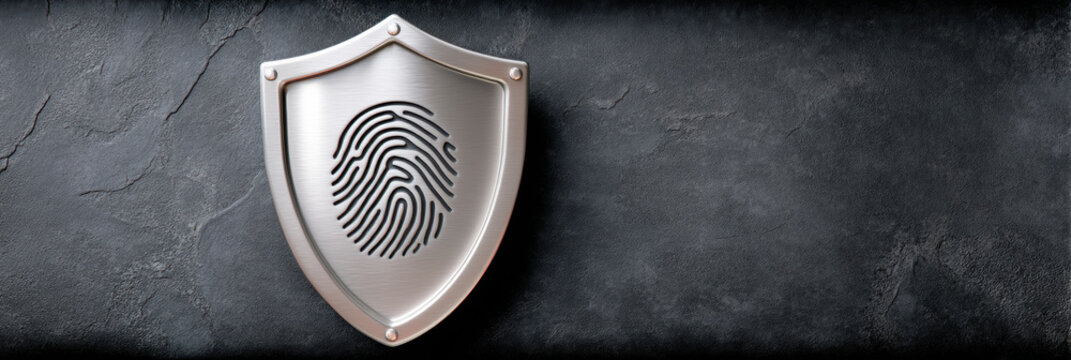 Secure metal shield with fingerprint emblem on dark textured wall conveying identity protection