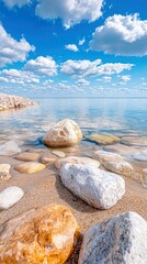Close-up view of smooth, colorful pebbles and rocks scattered on a sandy beach at the edge of clear, calm water. The background features a bright blue sky with