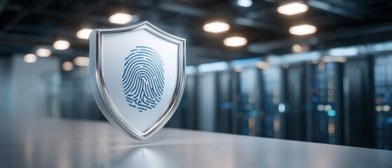Secure fingerprint shield emblem representing data protection and cybersecurity server room
