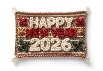 3D Knitted Happy New Year 2026 Banner, Wool Texture, Festive Colors, Cozy Handmade, High Detail on White Background