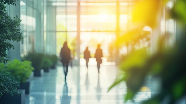 Ecological concept: office building with green trees and people walking to work on blurred background