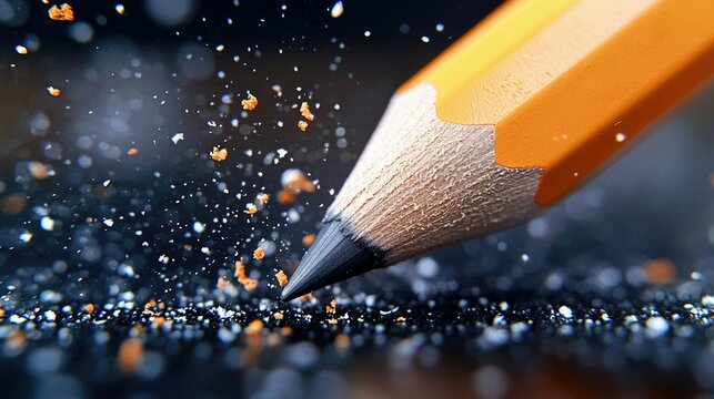 Close-up of a sharp pencil tip creating wood shavings and graphite dust that fly around in dramatic, dark lighting. The background is blurred with bokeh. - Powered by Adobe