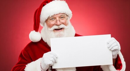 Santa Claus smiling and holding blank sign on red background  