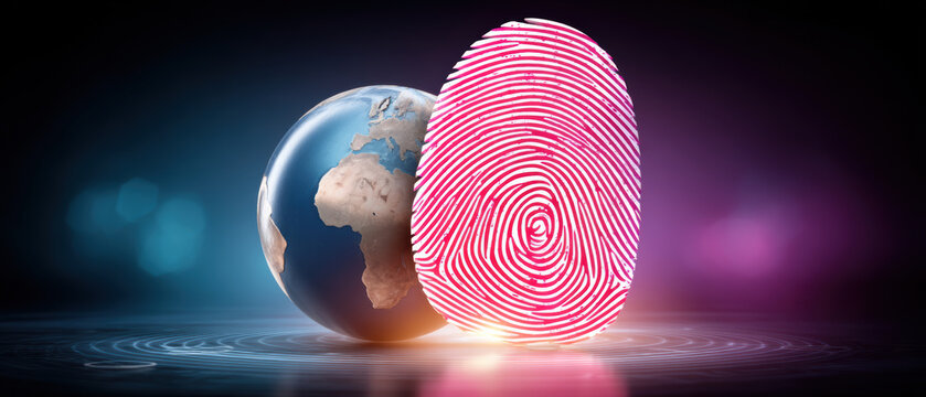 Digital globe and glowing fingerprint symbolize global identity security and biometric access