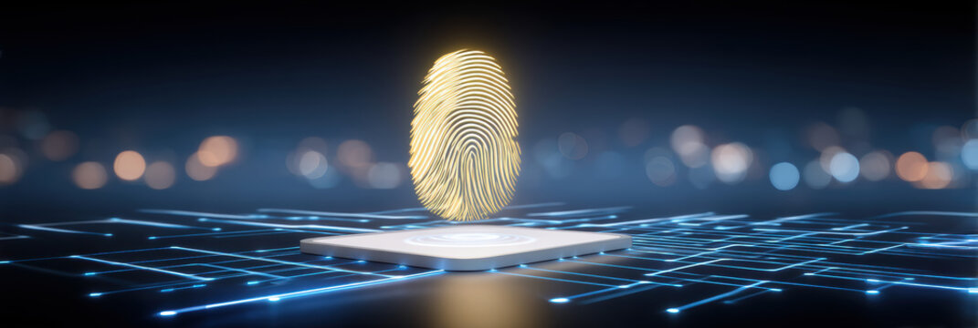 Golden fingerprint hologram floating above biometric sensor on digital circuit grid at night