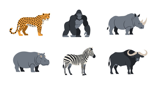 African wildlife silhouettes featuring cheetah, gorilla, rhino, hippo, zebra, and buffalo