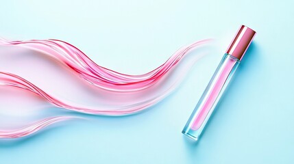 A sleek glass perfume bottle with pink liquid and a rose gold cap sits on a light blue surface. A dynamic, translucent pink wave flows to the left of the bottle