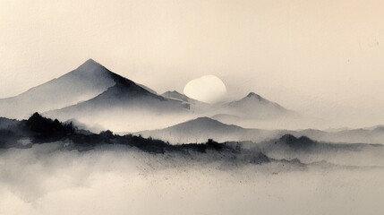 Obraz premium ink wash landscape with mountains and sun