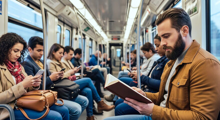 A bearded man reads a physical book on a crowded subway train while most other passengers are focused on their mobile phones. Modern commute scene