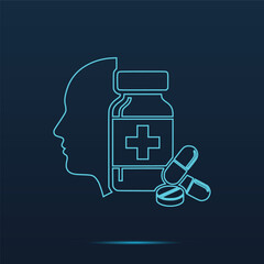 Glowing Neon Vector Illustration of Mental Health Treatment Integrating a Human Head Profile Silhouette with a Prescription Medicine Bottle and Capsules Symbolizing Neurology and Therapeutic