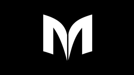Modern stylized white letter M icon on solid black background. Abstract geometric minimalist initial design element.