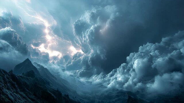 Chaotic dreamscape Olympus. Agitated, towering gods (Zeus absent) watch random lightning amid gathering storm clouds