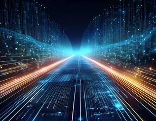 digital data flow on road in concept of cyber global communication and coding with graphic creating vision of fast speed transfer to show agile digital transformation disruptive innov generative ai