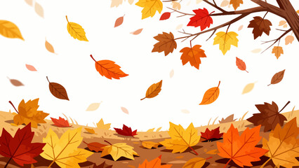 This vibrant autumn illustration features a forest floor covered in golden maple leaves, with falling foliage and tall trees, capturing the warm, serene beauty of the fall season.
