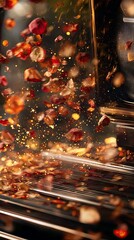 Close-up of red and orange petals and golden sparks exploding upwards over a metal grill grate, with a warm, atmospheric glow.