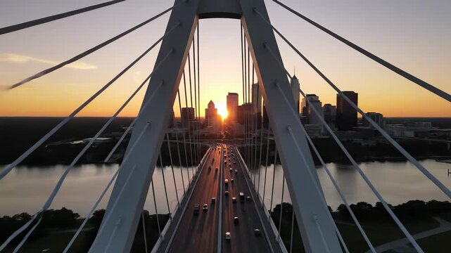 Margaret Hunthill Drives modern bridge architecture at sunset, featuring sturdy structure and bustling thoroughfare with cars driving across its length, capturing urban energy and daily routine.