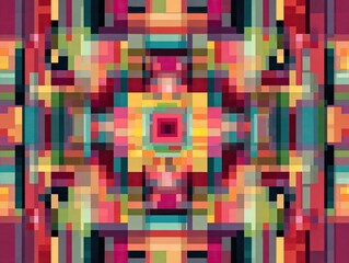 Symmetrical, pixelated abstract composition. Rectangular blocks in vibrant shades create a kaleidoscopic pattern