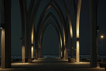 Naklejka premium Architectural nighttime pier with wooden arches and pathway to the horizon under a dim sky