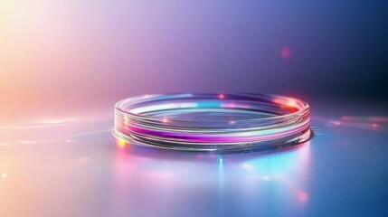 A close-up of a glass petri dish containing colorful, layered substances, illuminated by soft, glowing lights in a laboratory setting.