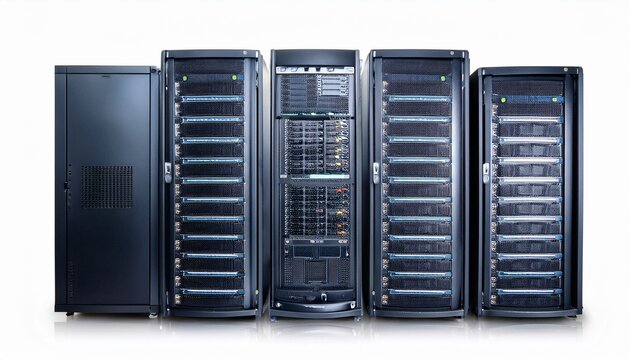 row of servers in data center isolated on white background providing network infrastructure for cloud computing and data storage