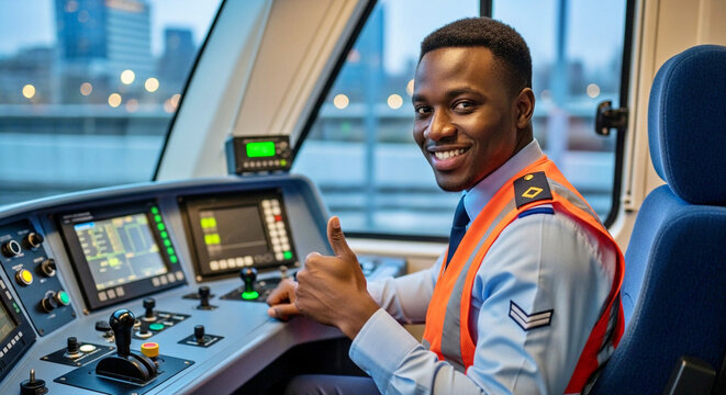 A confident, smiling African American train operator in uniform and a safety vest gives a thumbs-up from the high-tech control cabin of a modern train
