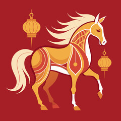 Abstract flowing horse illustration with Chinese motifs, clean vector style, gold linear lanterns on crimson.