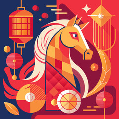 Futuristic Chinese New Year poster featuring abstract horse shapes, glowing lantern lines, and festive red tones.