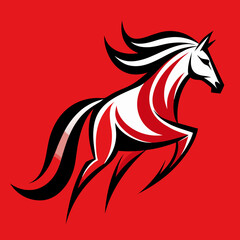 Dynamic abstract horse stroke art with thin lantern lines, Asian-inspired red gradient background.