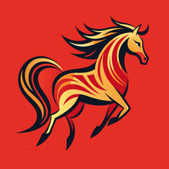 Dynamic abstract horse stroke art with thin lantern lines, Asian-inspired red gradient background.