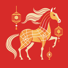 Abstract flowing horse illustration with Chinese motifs, clean vector style, gold linear lanterns on crimson.