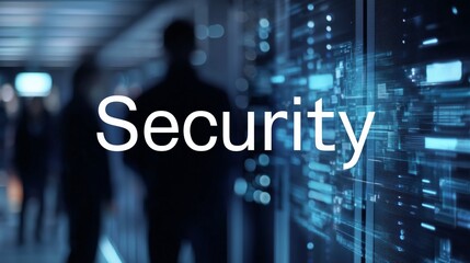 Security concept showing digital information protection with server racks and people silhouettes