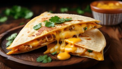 a juicy melted cheese filled quesadilla with a crispy tortilla exterior and a sprinkle of fresh cilantro on top emitting a savory aroma that teases the senses savory snacks cheesy